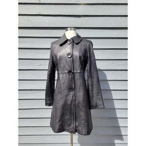 Vintage 90s Colebrook‎ Leather Trench Coat Black Button Snap Front Longline M
